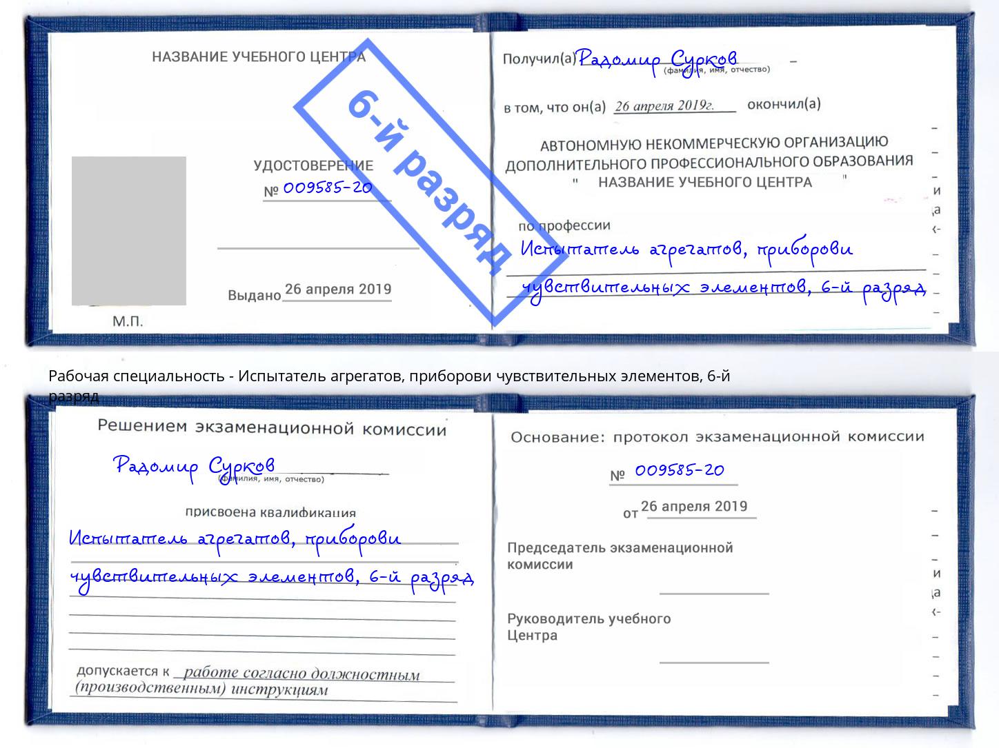 корочка 6-й разряд Испытатель агрегатов, приборови чувствительных элементов Феодосия