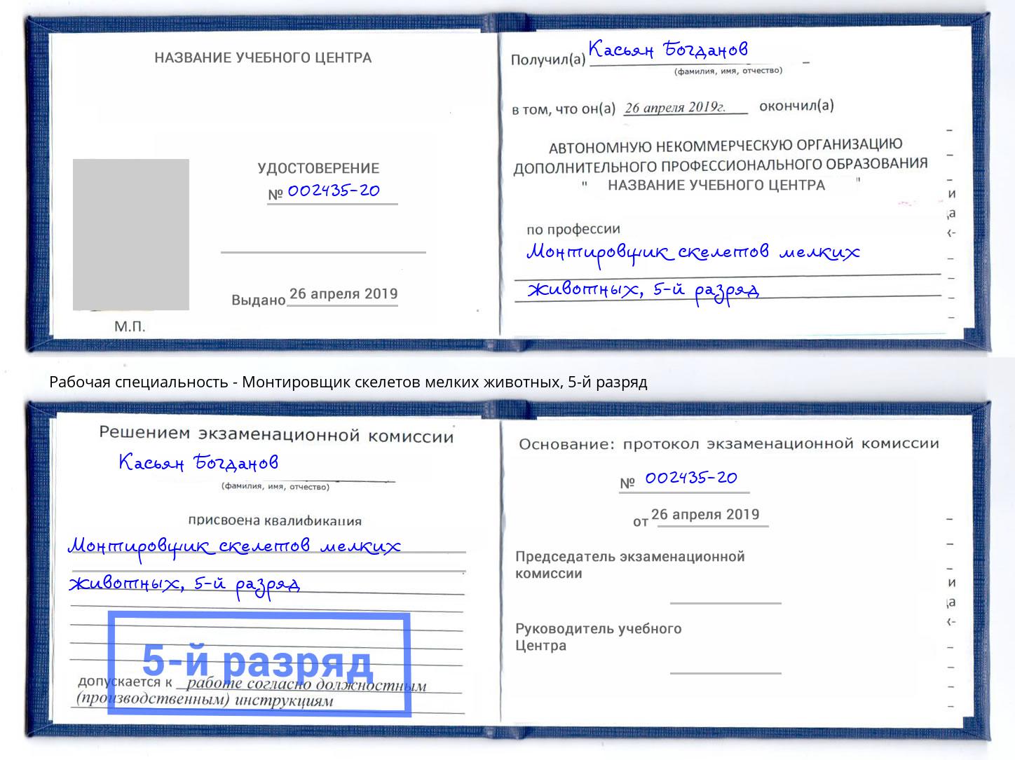 корочка 5-й разряд Монтировщик скелетов мелких животных Феодосия