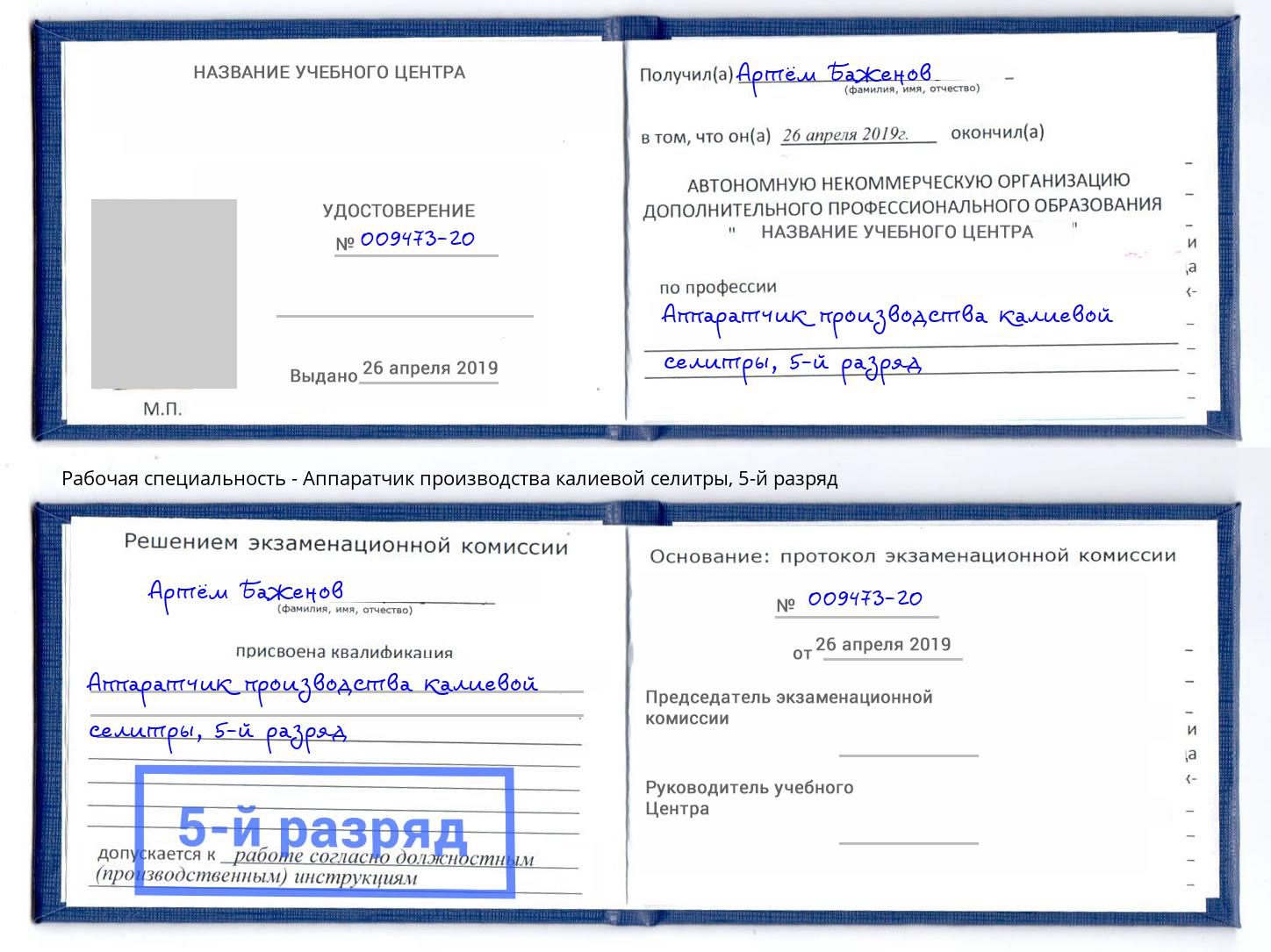 корочка 5-й разряд Аппаратчик производства калиевой селитры Феодосия