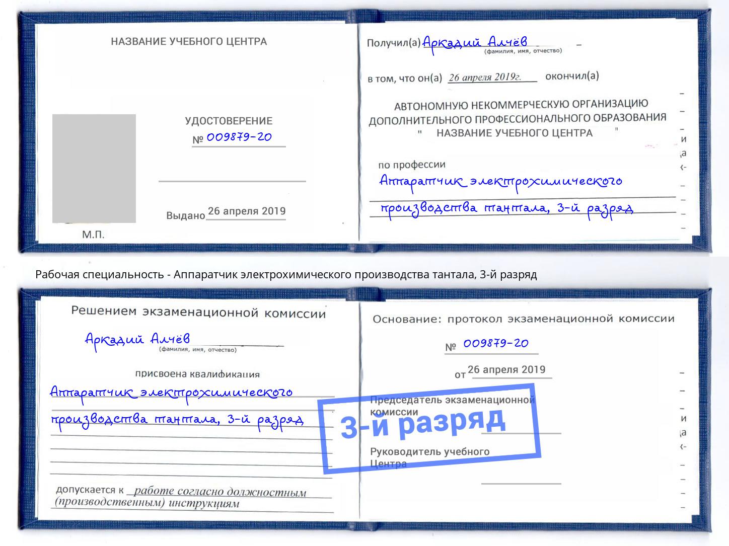корочка 3-й разряд Аппаратчик электрохимического производства тантала Феодосия