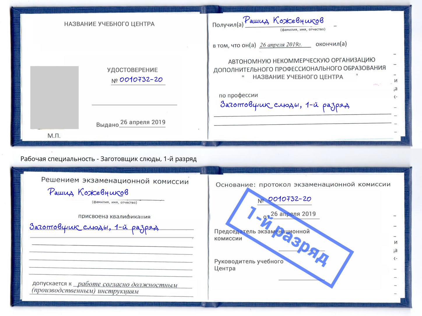 корочка 1-й разряд Заготовщик слюды Феодосия